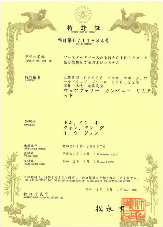 일본 특허증 JP 6711884 B